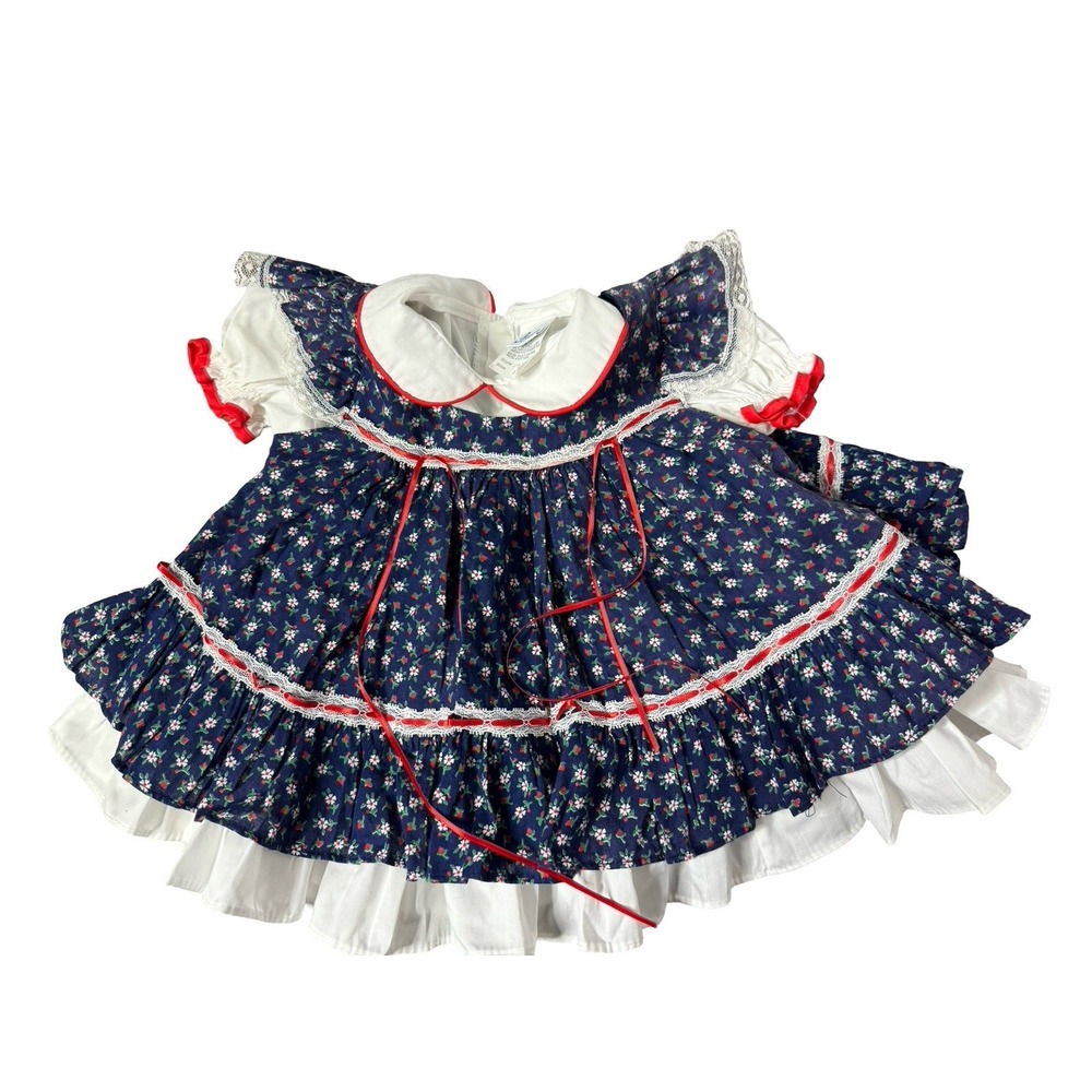 Vintage Bryan Toddler 12M Blue‎ Floral Full Circle Dress w Pinafore Ruffles Lace